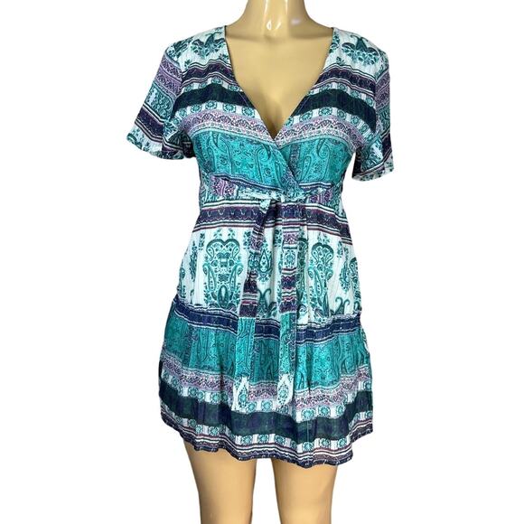 RAGA Golden Rules Mini Short Sleeve Wrap Dress Turquoise Blue SZ Small NWT - Picture 1 of 12